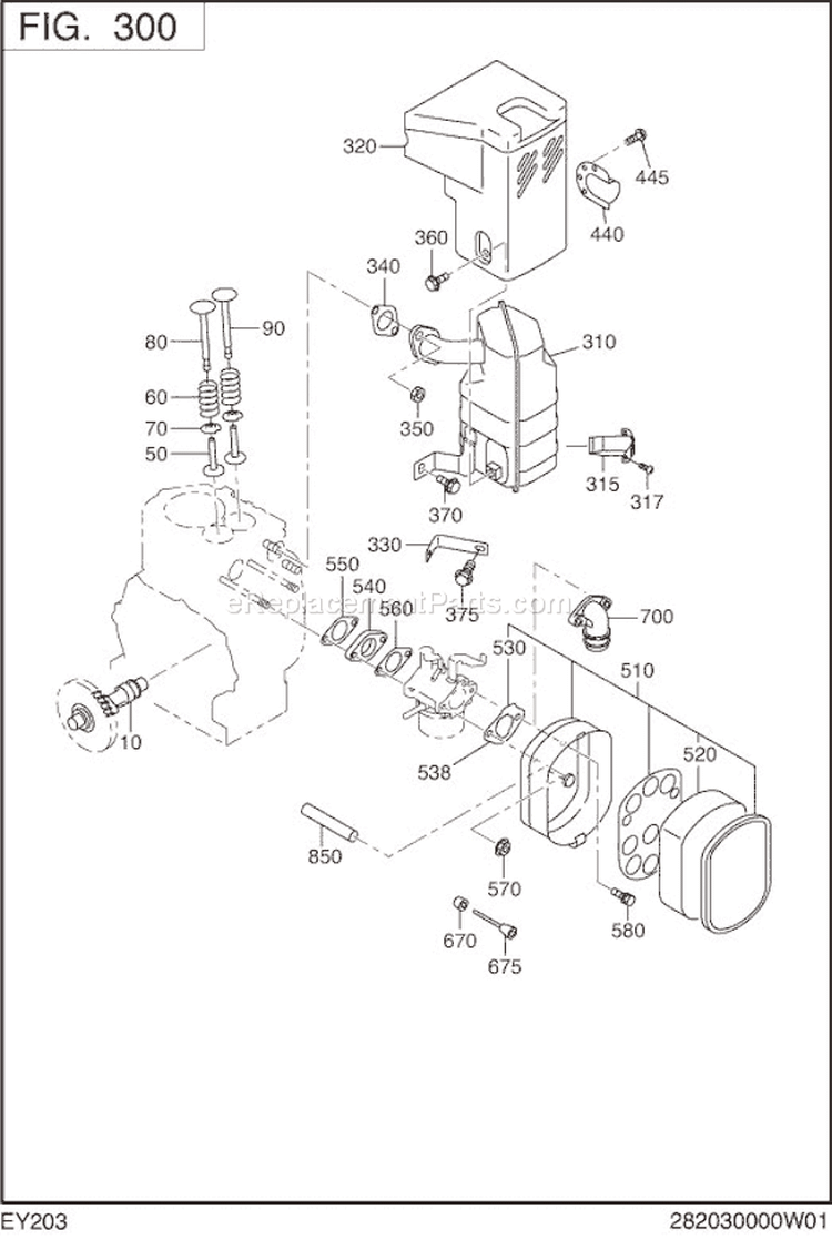 Intake Exhaust Diagram and Parts List for EY203D34500  Subaru Engine