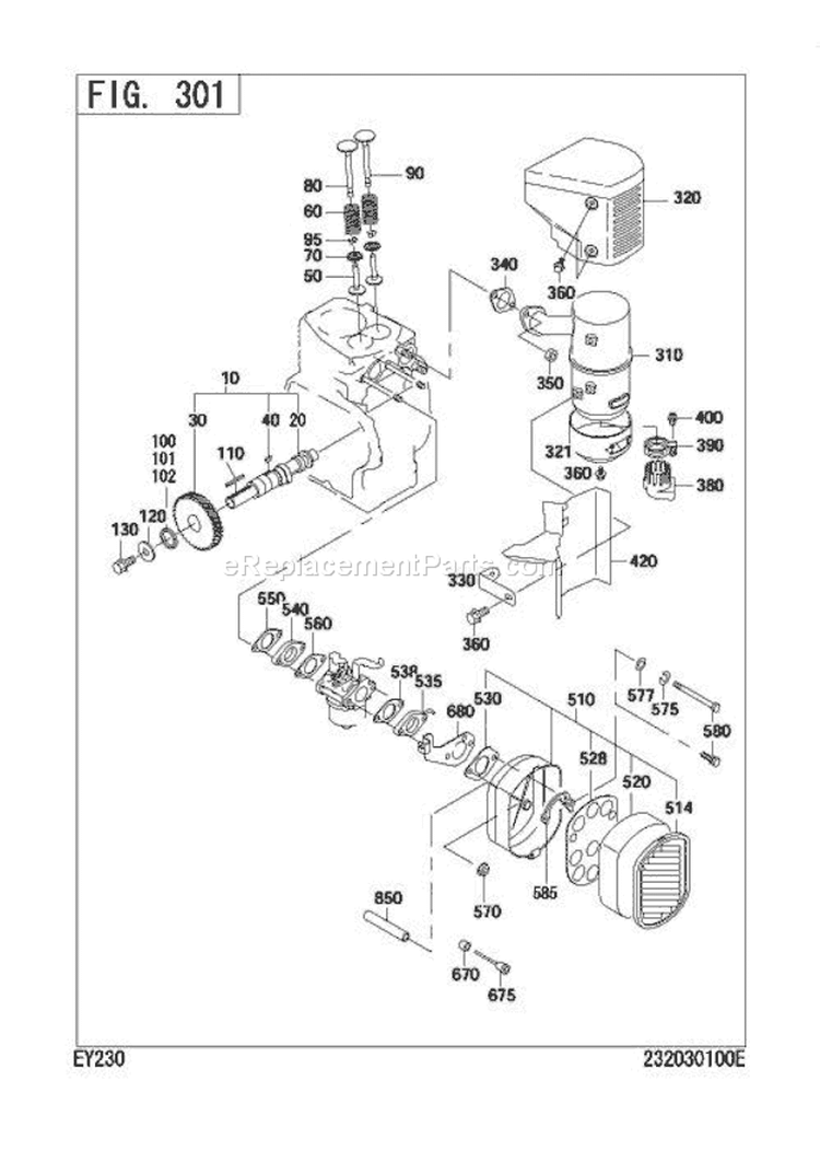 Intake Exhaust Group Diagram and Parts List for EY230BS0020  Subaru Engine