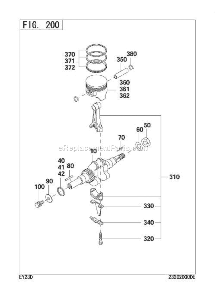 Crank Piston Group Diagram and Parts List for EY230DD5240  Subaru Engine
