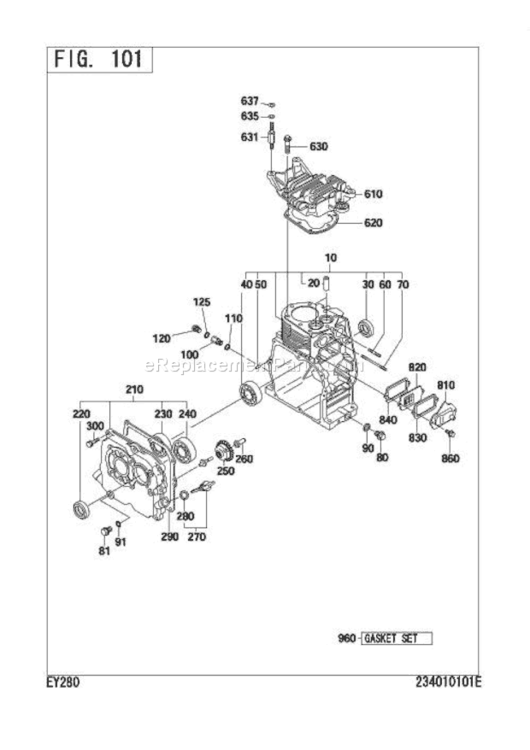 Crank Case Diagram and Parts List for EY280B74311  Subaru Engine