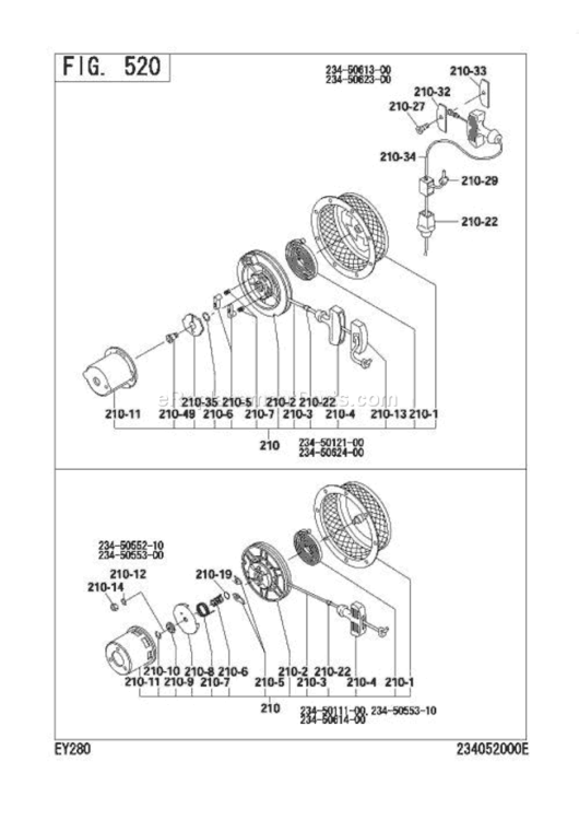 Recoil Starter Diagram and Parts List for EY280D03050  Subaru Engine