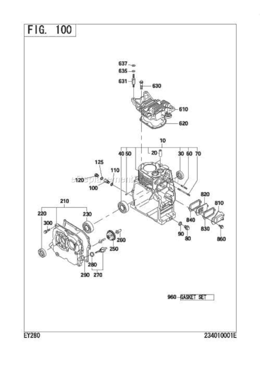 Crank Case Diagram and Parts List for EY280DR4110  Subaru Engine