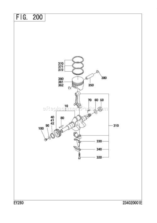 Crank,Piston Diagram and Parts List for EY280YD1050  Subaru Engine