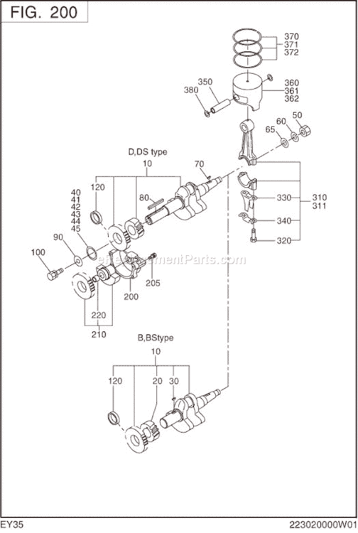 Crankshaft,Piston Diagram and Parts List for EY350BB7160  Subaru Engine
