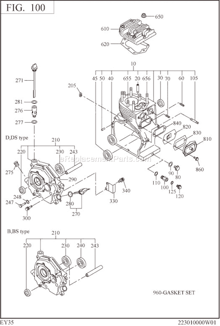 Crank Case Diagram and Parts List for EY350BB7792  Subaru Engine