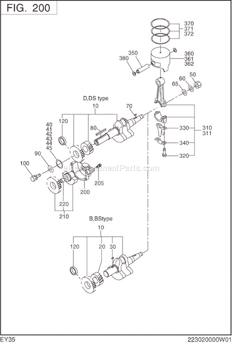 Crankshaft,Piston Diagram and Parts List for EY350BB7792  Subaru Engine