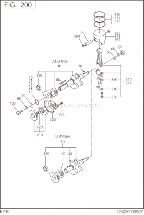 Crankshaft,Piston Diagram and Parts List for EY400BB7850  Subaru Engine