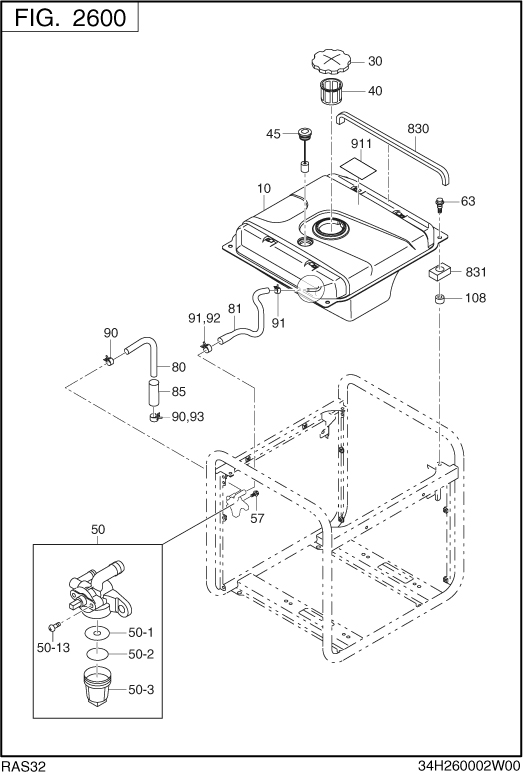 Fuel Tank Diagram and Parts List for RAS32016511 RG3200iSE Subaru Generator