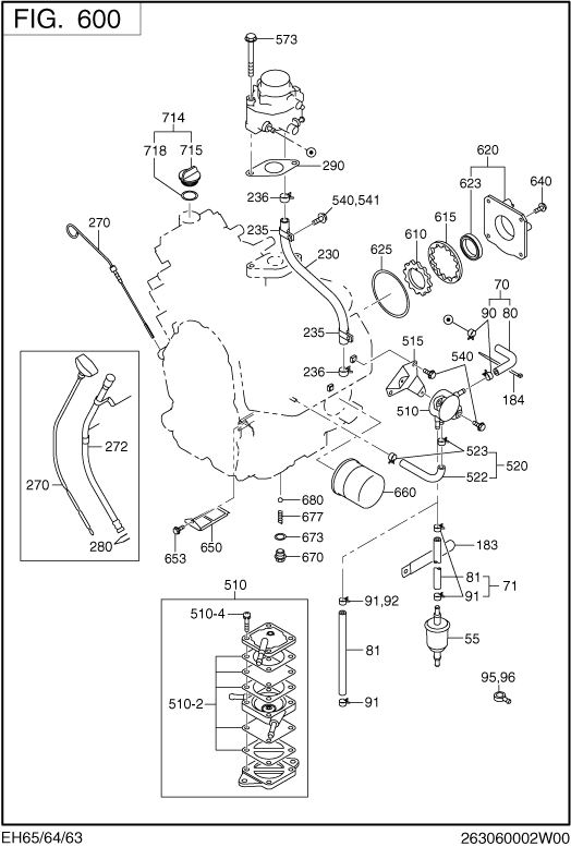 Fuel Lubricant Group Diagram and Parts List for EH650DA2542 EH650 Subaru Engine