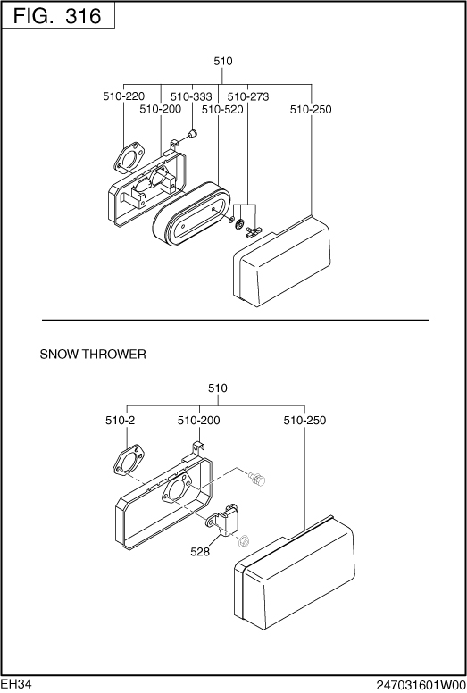 Intake Exhaust Diagram and Parts List for EH340DS7430 EH340 Subaru Engine