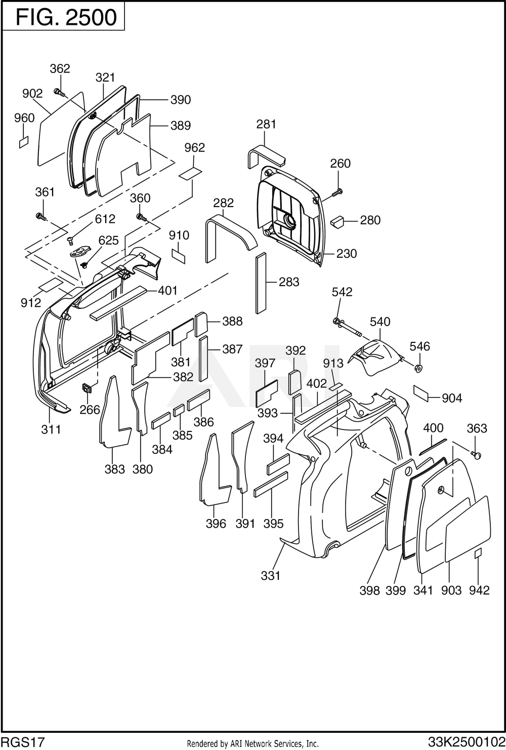 2500 Cover Diagram and Parts List for RGS17023080  Subaru Generator