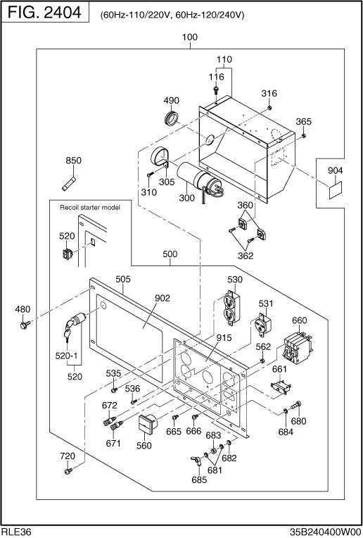 Control Box Diagram and Parts List for RLE36044041 RGX3600 Subaru Generator