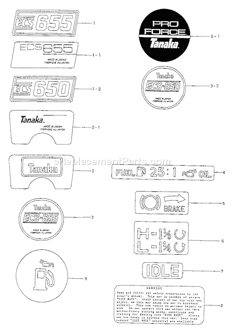 Page E Diagram and Parts List for ECS-655  Tanaka Chainsaw