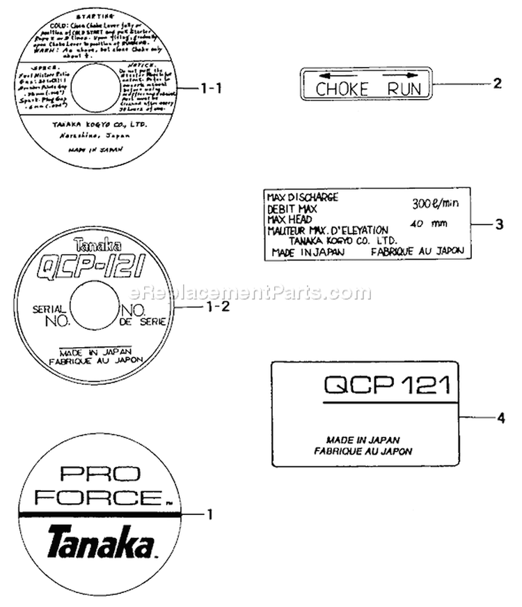 Page D Diagram and Parts List for QCP-121  Tanaka Water Pump