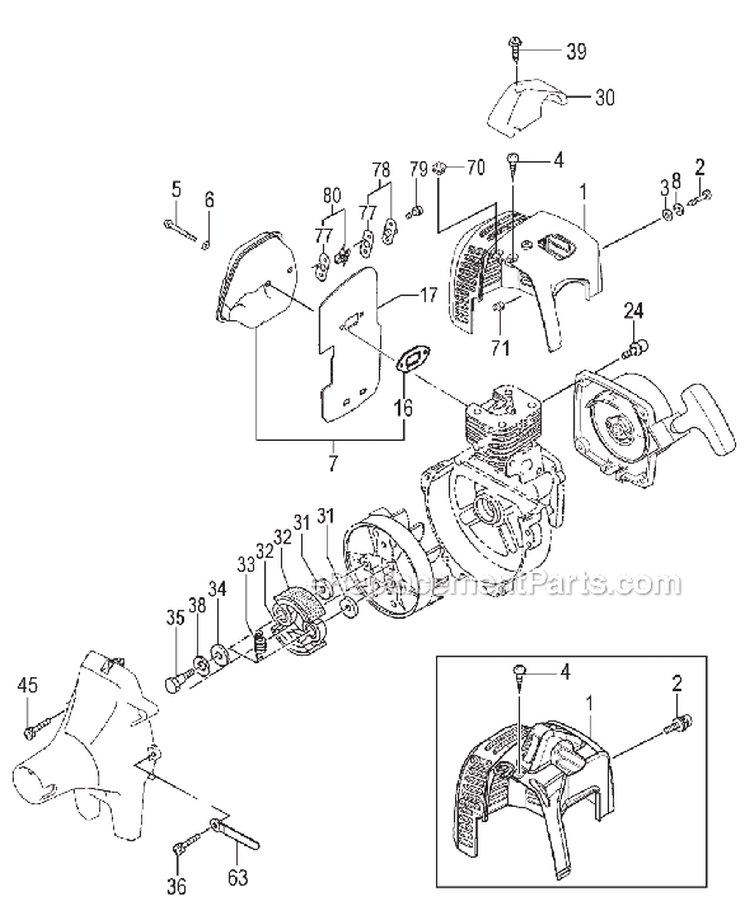 Clutch, Muffler And Engine Cover Diagram and Parts List for TBC-230SF  Tanaka Trimmer