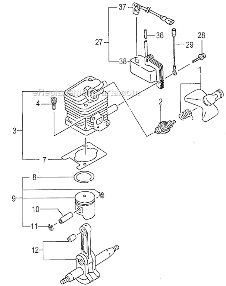 Cylinder, Piston, Crankshaft Diagram and Parts List for THT-210SA  Tanaka Hedge Trimmer
