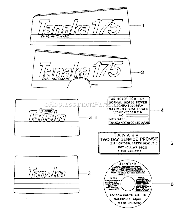 Page E Diagram and Parts List for TOB-175  Tanaka Engine