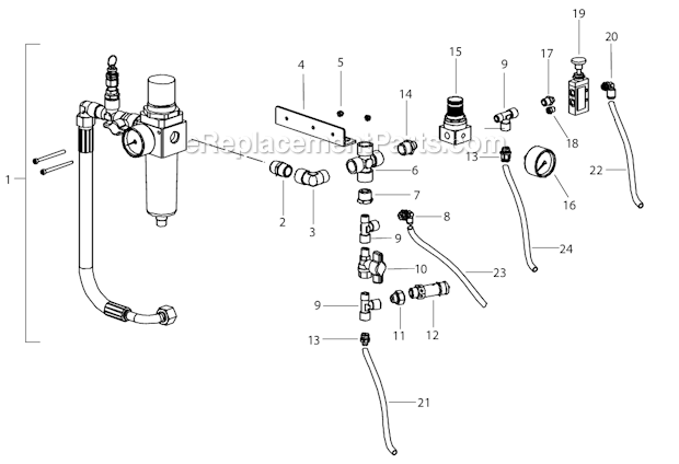 Complete Air Feeding Kit Diagram and Parts List for POWRRAM251 820-100 Titan Paint Sprayer