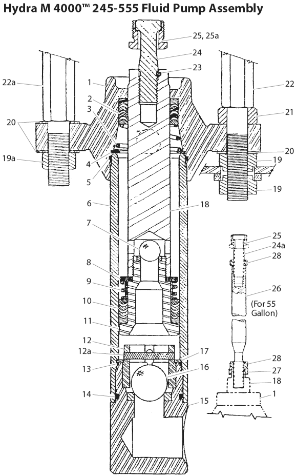 Hydra M4000 245-555 Fluid Pump Assembly Diagram and Parts List for HYDRA-M4000  Titan Paint Sprayer
