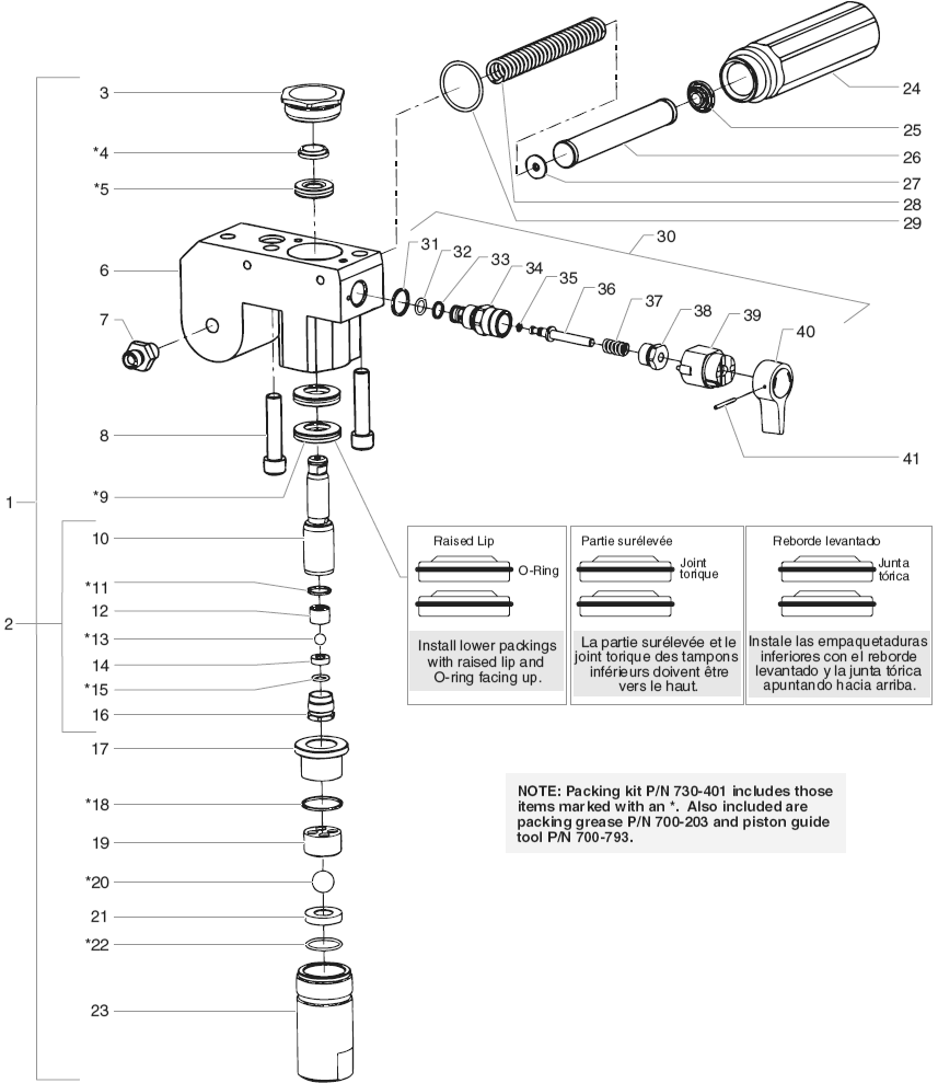 Performer 640i Fluid Section Assembly Diagram and Parts List for 640I performer Titan Paint Sprayer