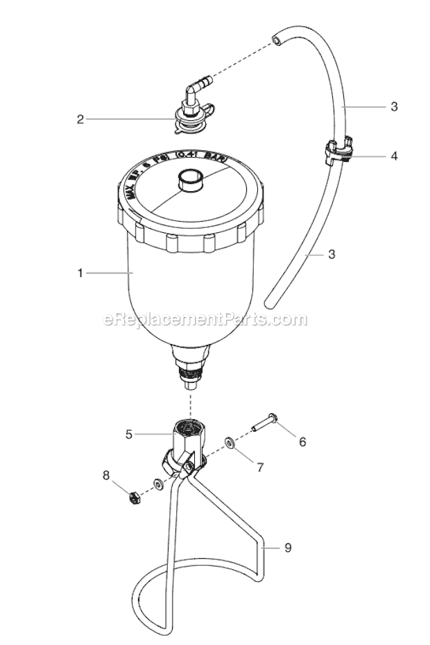 Top Feed Cup Assembly Diagram and Parts List for MAXUMELITE 0524027 Titan Sprayer
