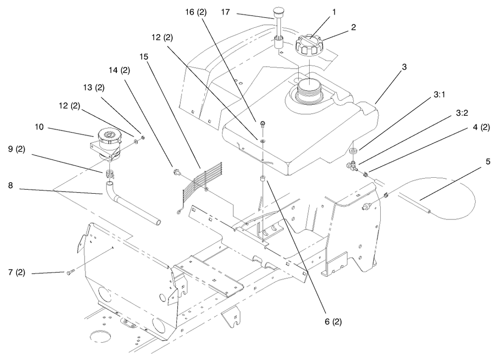 Fuel Tank And Hydro Reservoir Diagram and Parts List for 72102 7900001 - 7999999 Toro Lawn Tractor