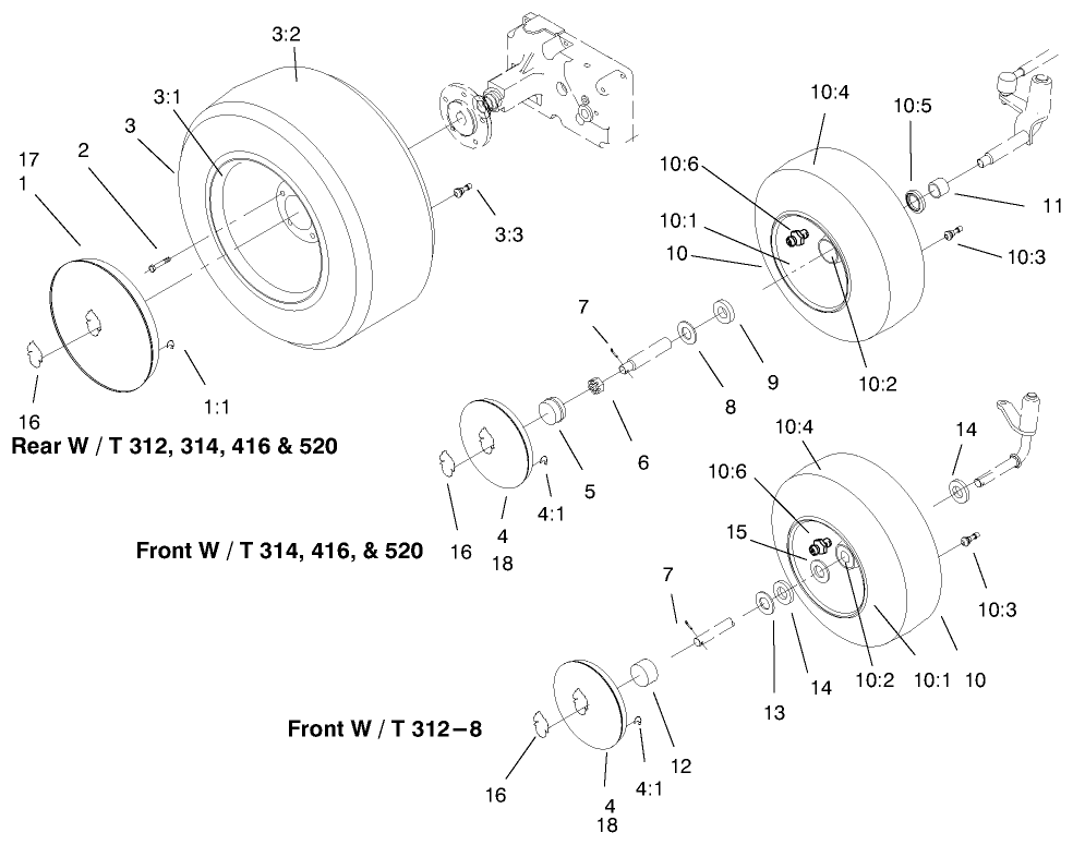 Wheel Assemblies Diagram and Parts List for 73502 7900001 - 7999999 Toro Lawn Tractor