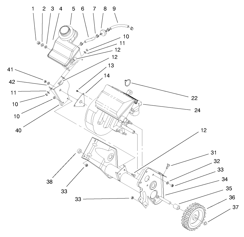Engine & Fuel Tank Assembly Diagram and Parts List for 38421 7900001 - 7999999 Toro Snow Blower