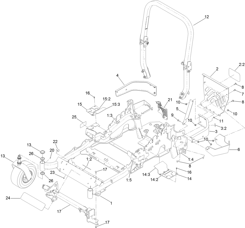 Main Frame, Caster Wheel And Z Stand Assembly Diagram and Parts List for 75969TE 402080000-403099999 Toro Lawn Mower
