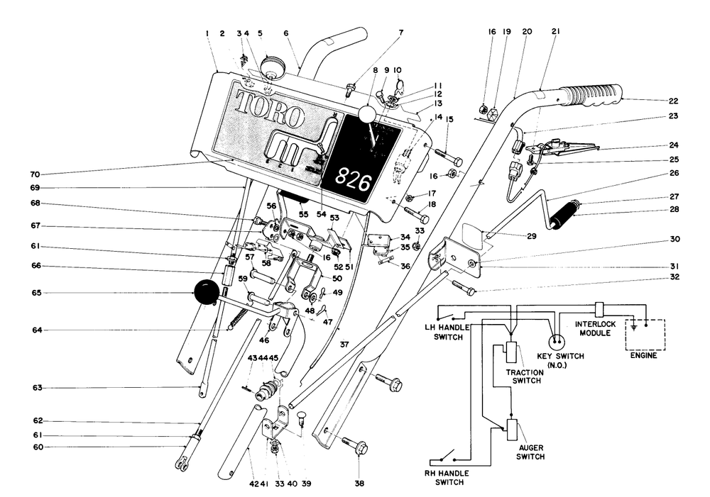 Handle Assembly Diagram and Parts List for 38150 3000001 - 3999999 Toro Snow Blower