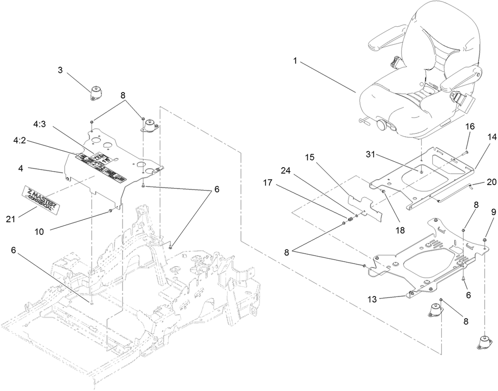 Seat Mounting Assembly Diagram and Parts List for 74960CP (311000001-311999999)(2011) Toro Lawn Mower