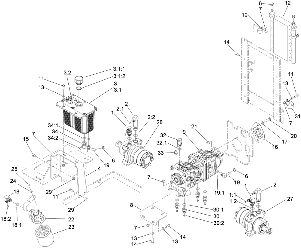 Hydraulic Tank, Motor And Pump Assembly Diagram and Parts List for 74264TE (310000001-310999999)(2010) Toro Lawn Mower