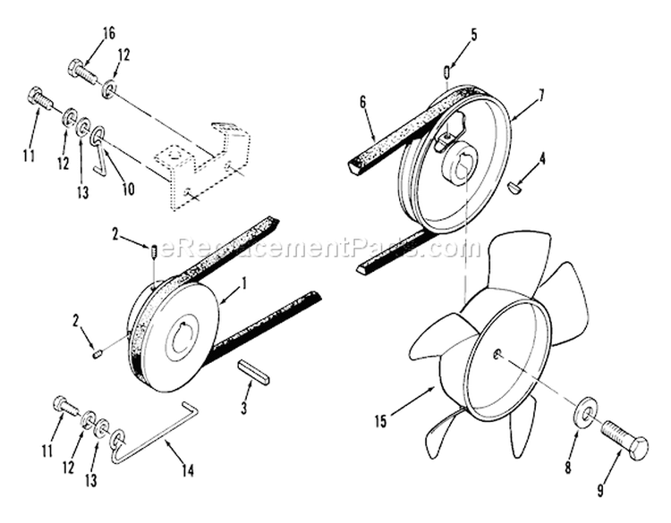 Drive Belt and Pulleys Diagram and Parts List for 01-16KE02 1981 Toro Lawn Tractor