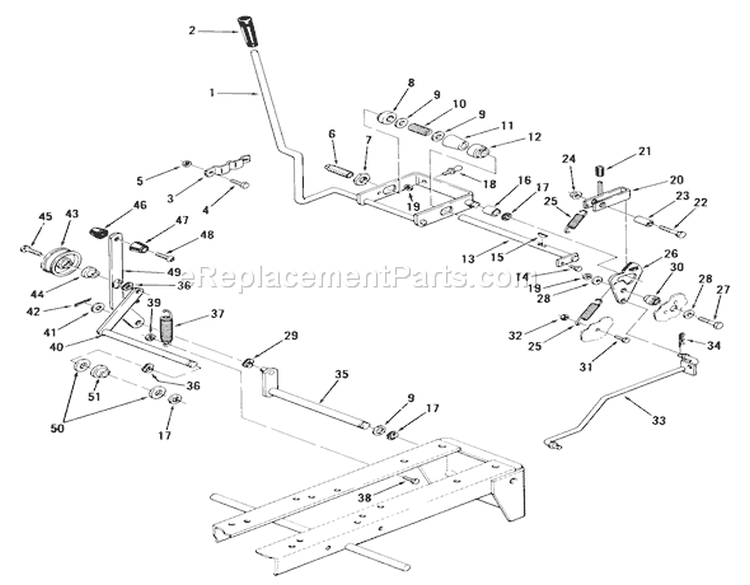 Clutch, Brake And Speed Control Linkage Diagram and Parts List for 01-16KS01 1980 Toro Lawn Tractor