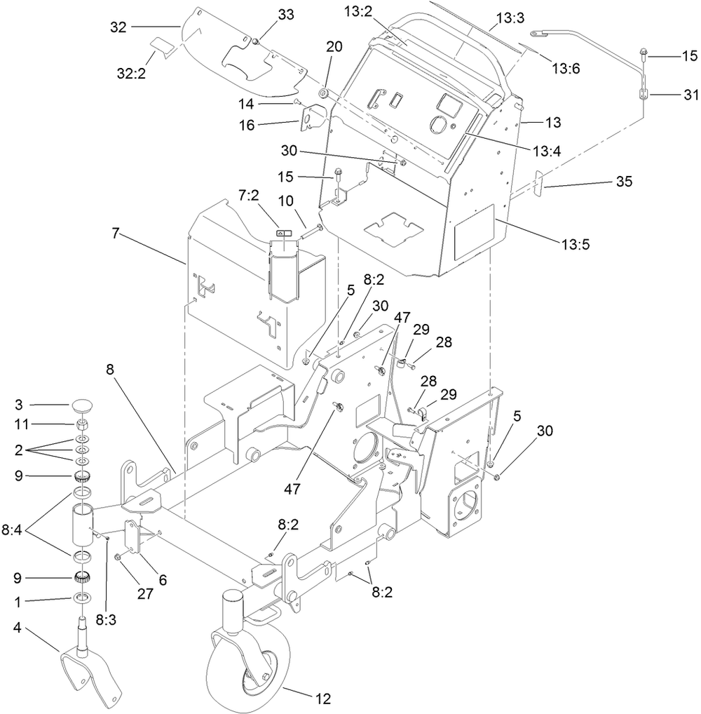 Main Frame Assembly Diagram and Parts List for 74536TE (313000001-313999999)(2013) Toro Lawn Mower
