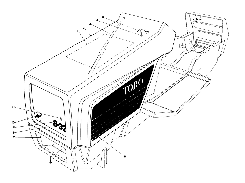 Hood Assembly Model 57300 Diagram and Parts List for 57360 8000001 - 8999999 Toro Lawn Tractor