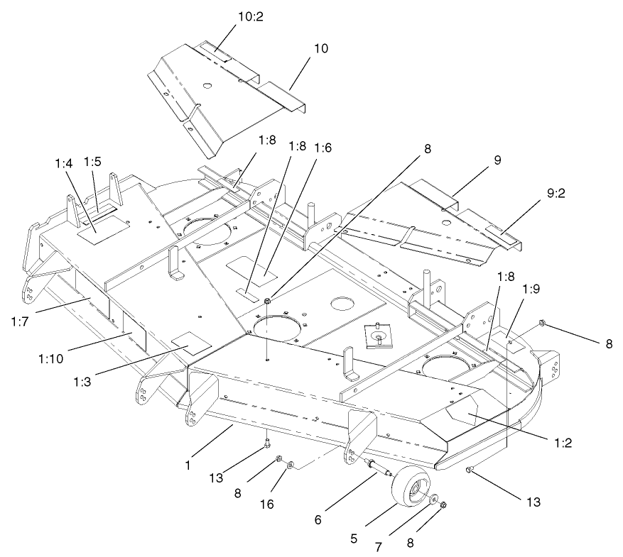 Deck, Decal And Wheel Assembly Diagram and Parts List for 74213 (230000001-230006000)(2003) Toro Lawn Mower