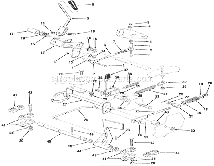Clutch, Brake And Speed Control Linkage Diagram and Parts List for 02-11BE01 1982 Toro Lawn Tractor