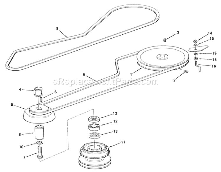 Drive Belt And Pulleys Diagram and Parts List for 02-16BP01 1980 Toro Lawn Tractor
