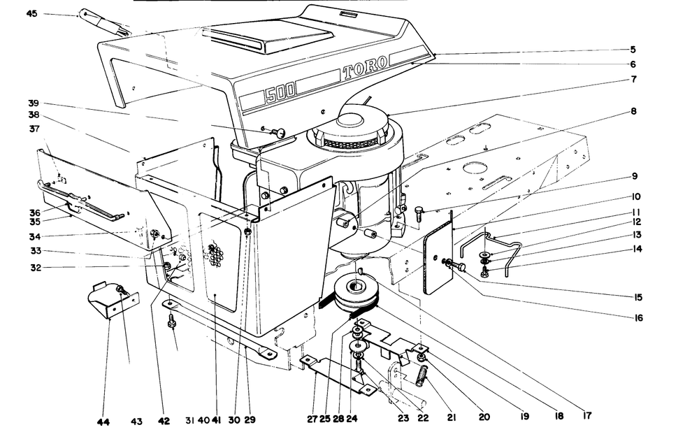 Hood And Engine Assembly Diagram and Parts List for 57054 0000001 - 0999999 Toro Lawn Tractor