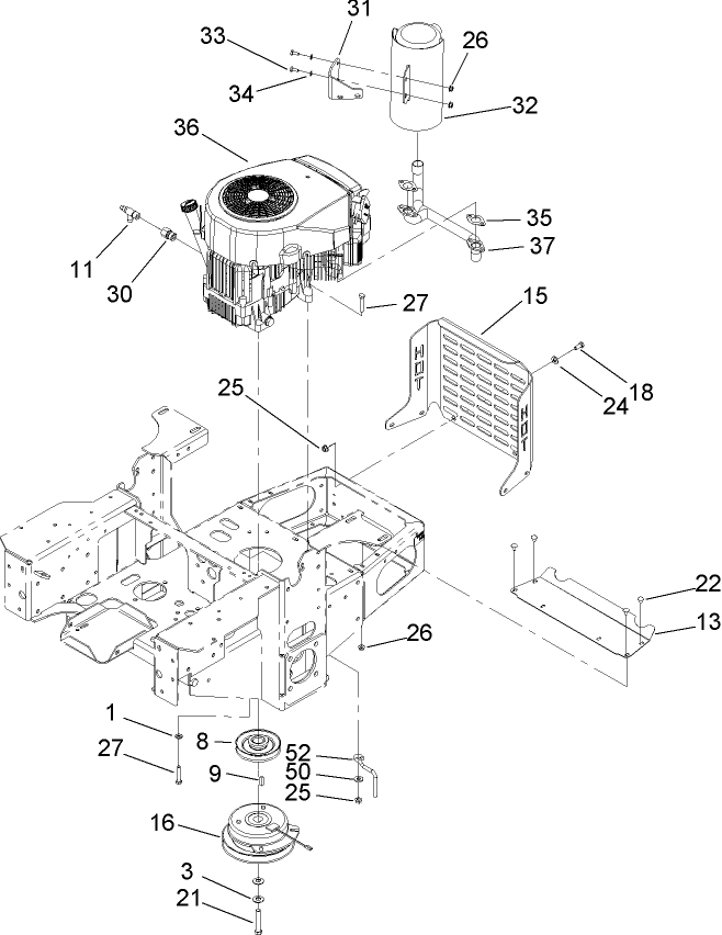Engine, Clutch And Muffler Assembly Diagram and Parts List for 74410 (250007001-250999999)(2005) Toro Lawn Mower