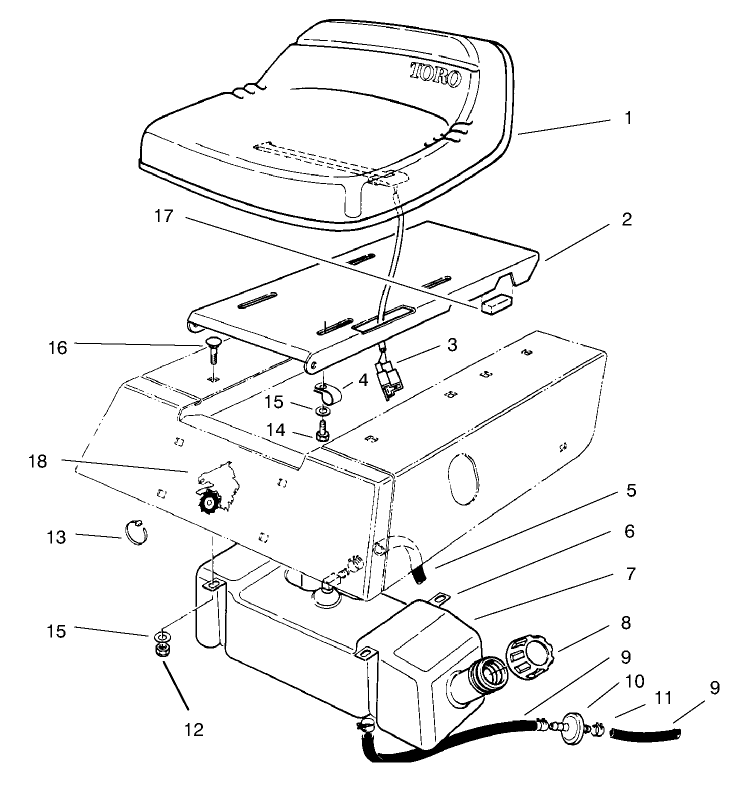 Seat & Gas Tank Assembly Diagram and Parts List for 70041 8900001 - 8999999 Toro Lawn Tractor