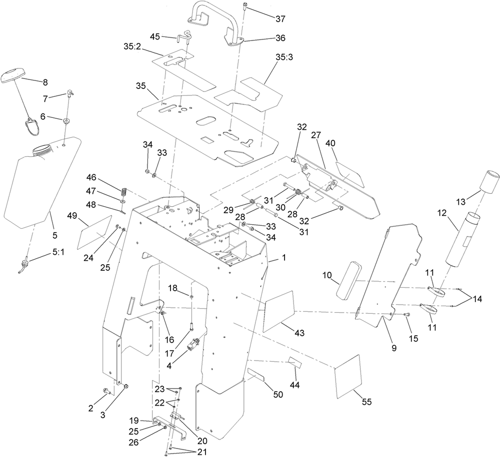 Tower And Fuel Tank Assembly Diagram and Parts List for 22972 404710000 - 404799999 Toro Lawn Tractor Accessories