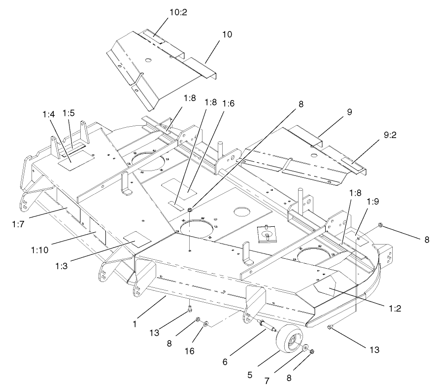 Deck, Deflector And Roller Assembly Diagram and Parts List for 74231 (230000001-230006000)(2003) Toro Lawn Mower