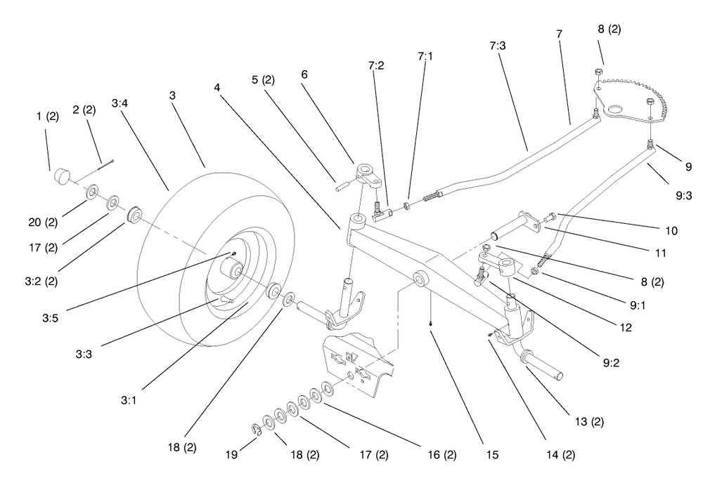 Front Axle Diagram and Parts List for 72064 8900600 - 8999999 Toro Lawn Tractor