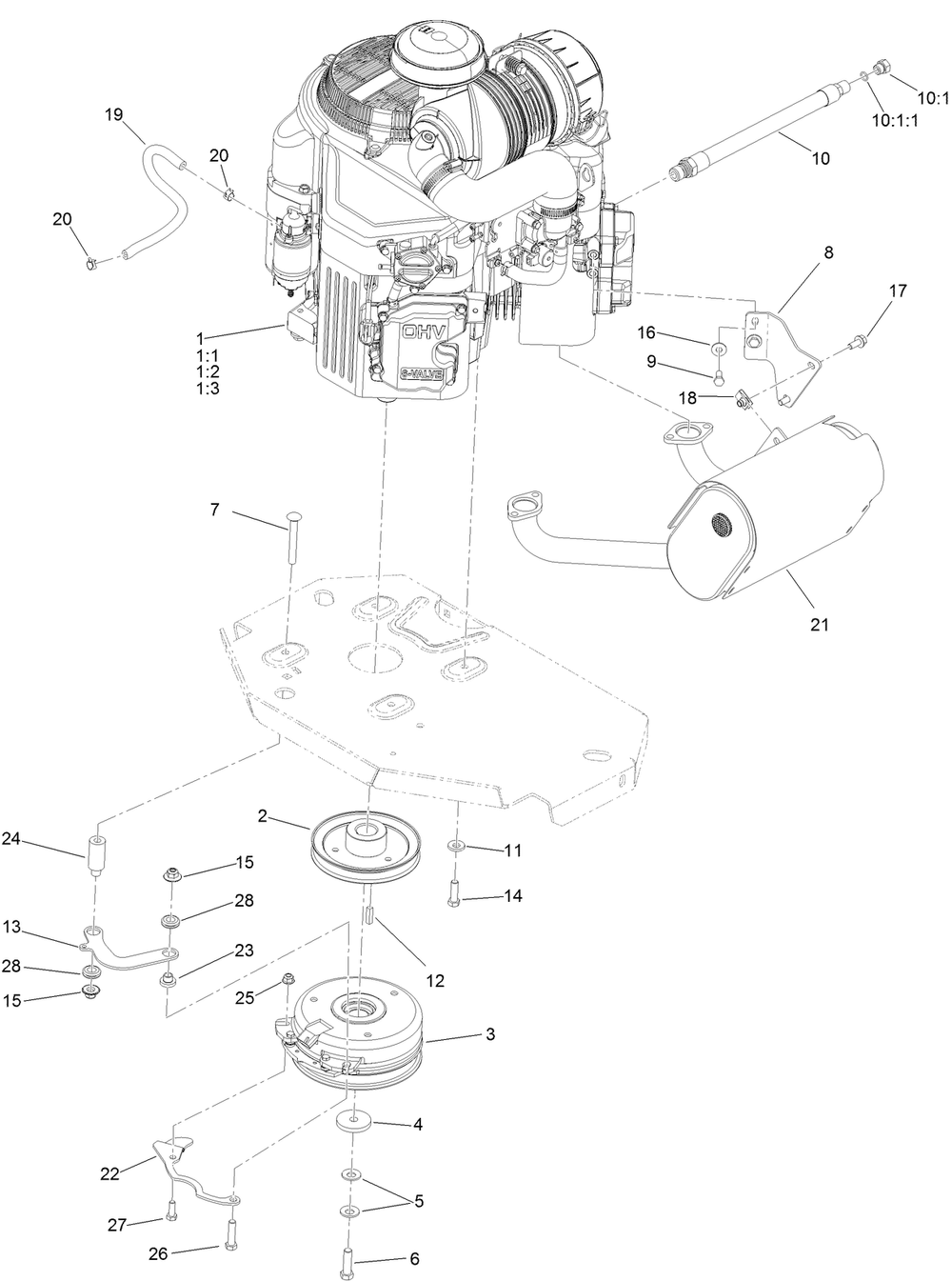 Engine, Clutch And Muffler Assembly Diagram and Parts List for 75967 402080000-403247360 Toro Lawn Mower