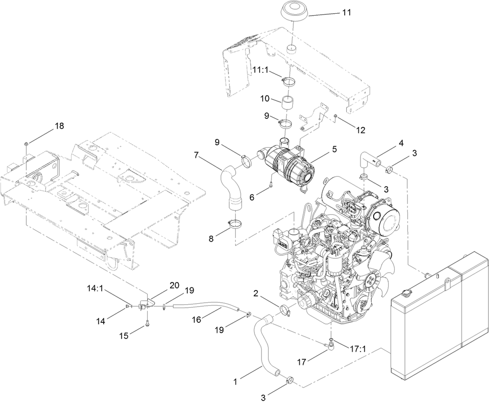 Air Cleaner And Radiator Hose Assembly Diagram and Parts List for 25403 400000000 - 401399999 Toro Lawn Tractor Accessories