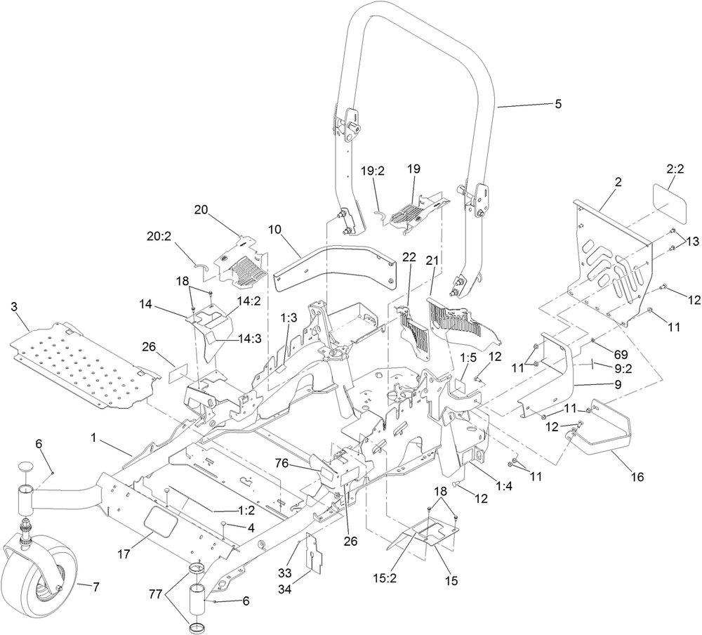 Frame And Caster Wheel Assembly Diagram and Parts List for 74901 (314000001-314999999)(2014) Toro Lawn Mower