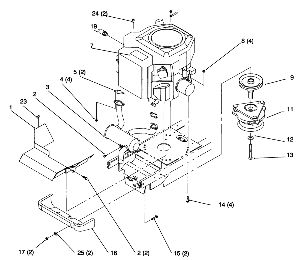 Twin Cylinder Engine, Muffler, And P.T.O. Diagram and Parts List for 72043 6900001 - 6999999 Toro Lawn Tractor