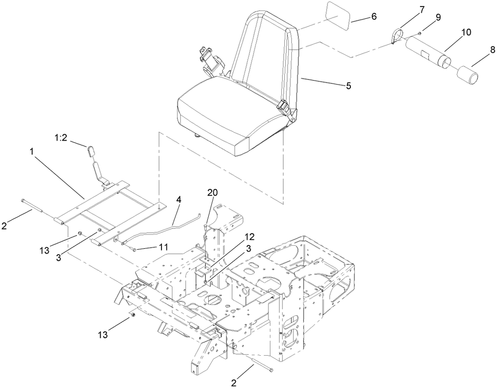 Seat And Bracket Assembly Diagram and Parts List for 74410 (280000001-280999999)(2008) Toro Lawn Mower
